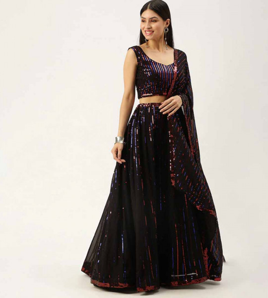 Black Embellished Sequinned Semi-Stitched Lehenga & Unstitched Blouse With Dupatta