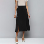 Women Black Scuba Front Slit Flared Midi Skirt