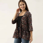 Women Black Handblock Printed Fusion Jacket Shrug