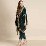 Women Teal Green Velvet Foil Print Cape Jacket