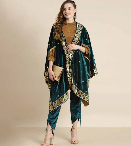 Women Teal Green Velvet Foil Print Cape Jacket