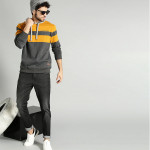 The Lifestyle Co Men Charcoal Grey & Mustard Yellow Colourblocked Hooded Sweatshirt