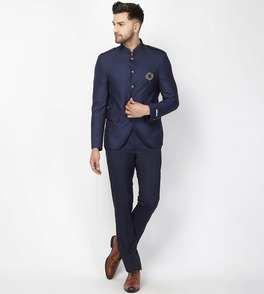 Men Navy Blue Slim-Fit Bandhgala Party Suit