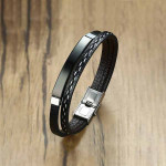 Men Black & Silver-Toned Stainless Steel Wrist Leather Wraparound Bracelet