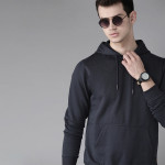 Men Navy Blue Solid Hooded Sweatshirt